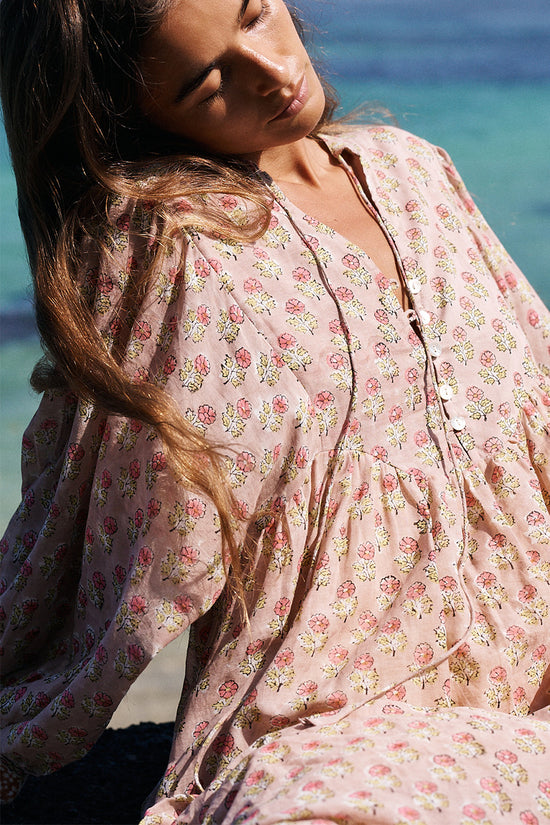 Bhoomi Maxi Dress Sunset — neckline close-up by the sea, artisan hand block print floral cotton | Daughters of India