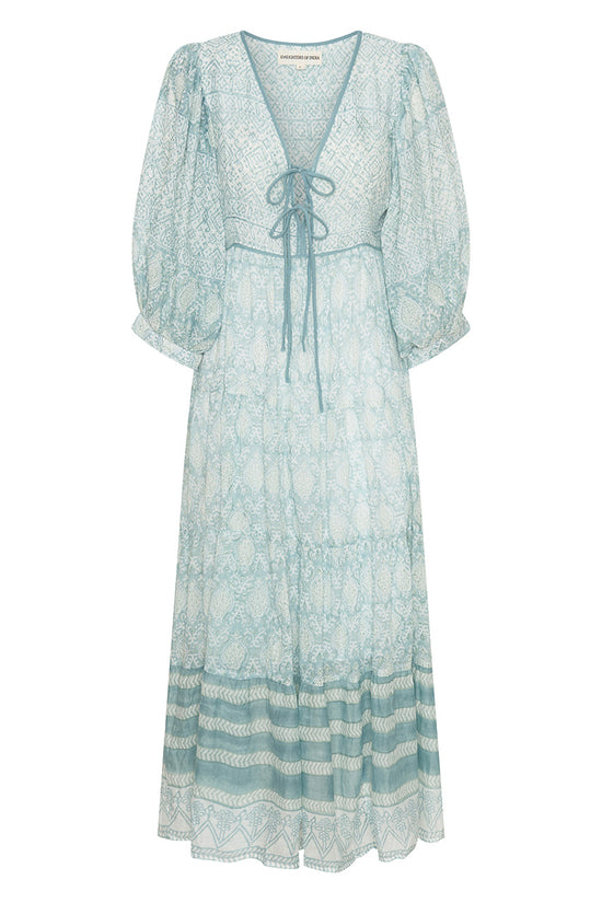 Jasmine Maxi Dress Sea Mist — ghost flat lay on white, full silhouette showing V-neckline tie yoke, tiered skirt with stripe hem, hand block print sea mist blue cotton, Jaipur artisan maxi | Daughters of India