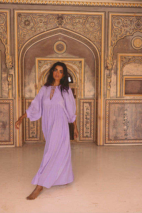 Daughters of India Kyra Maxi Dress in Lilac Gauze — full length in ornate Indian palace, cotton gauze with billowed sleeves