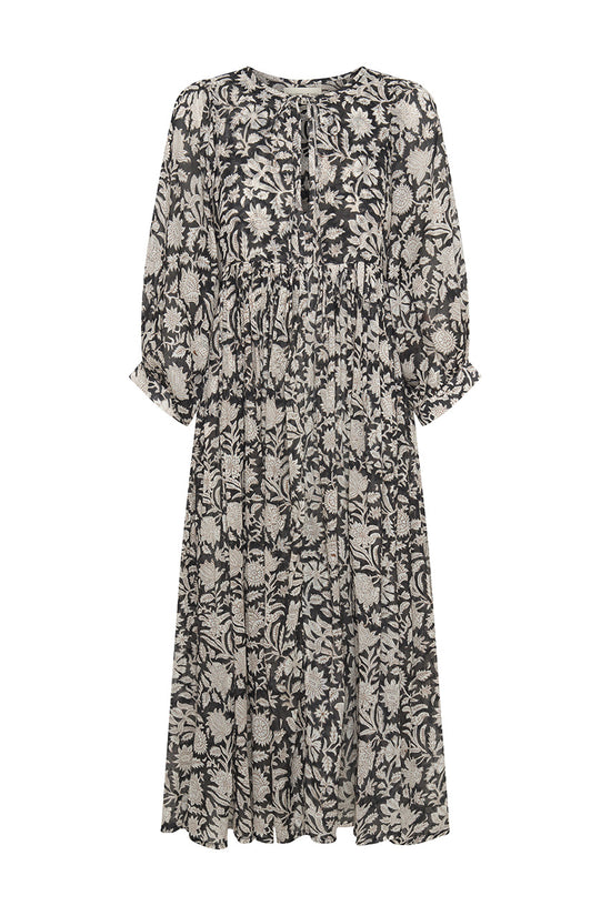 Daughters of India Kyra Midi Dress in Pepper — walking on white sand beach, hand screen print