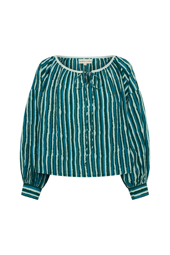 Ria Blouse Cyan Candy — ghost mannequin front view on white background, cyan and dark stripe hand block print cotton blouse showing full silhouette and gathered neckline, artisan Jaipur India | Daughters of India
