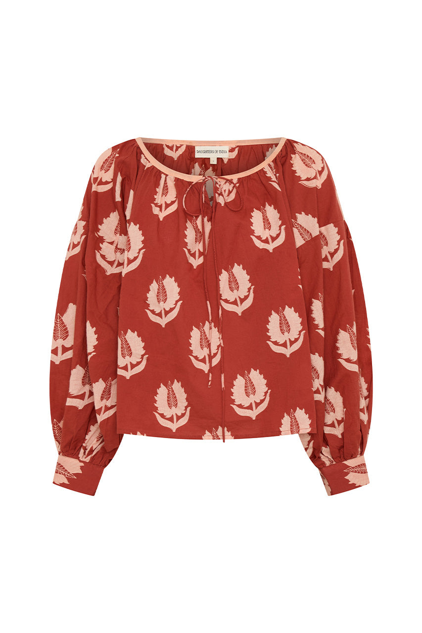 Ria Blouse Ruby Red — ghost mannequin front and back view on white background, ruby red hand block print cotton blouse with botanical leaf motif, relaxed fit silhouette, artisan Jaipur India | Daughters of India