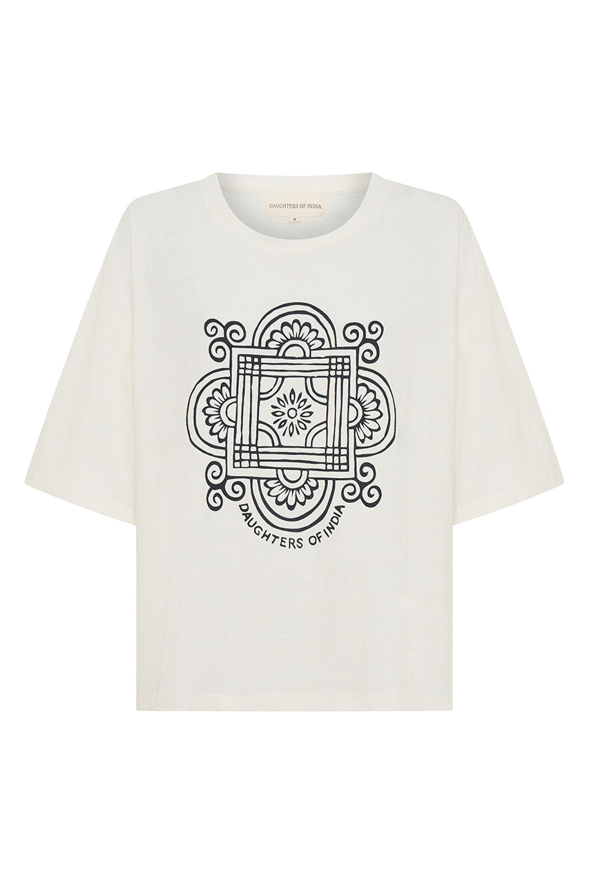 Shanti Tee White — flat lay front view, white oversized cotton tee with charcoal hand-printed Daughters of India mandala logo, white background | Daughters of India