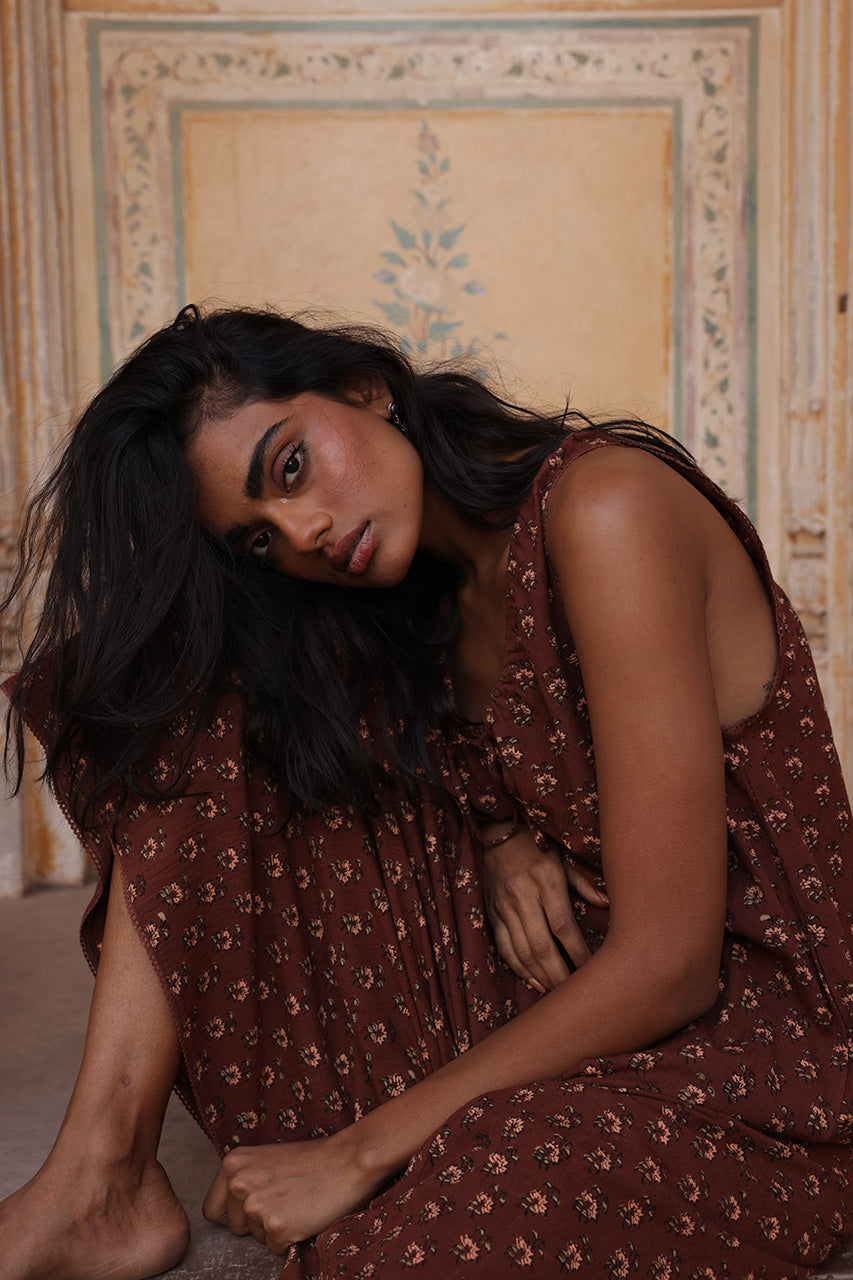 Sundress Midi Almond — outdoor lifestyle portrait, model in natural light, full length view, hand block print almond cotton midi sundress, sleeveless summer dress, artisan Jaipur India | Daughters of India